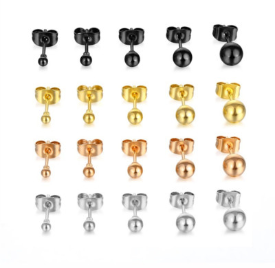 Round Polish Ball Rose gold Silver Black Stainless Steel Stud Earrings S15