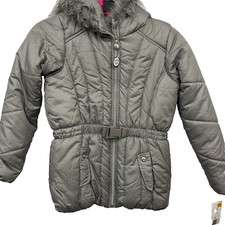 S. Rothschild Dot Belted Puffer Jacket Faux Fur Trim Big Girls XL 16 dark Gry