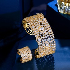 Dubai Gold Plated CZ Crystal Open Cuff Bangle Ring Adjustable Bridal Jewelry Set