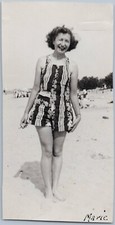 Happy Young Lady on Sandy Beach Retro Striped Bathing Suit, 1930s-40s BW Photo