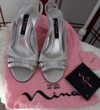 NINA Wedding Shoes Dressy Dress Silver Pump Heels Jeweled Rhinestone Women Sz 6M