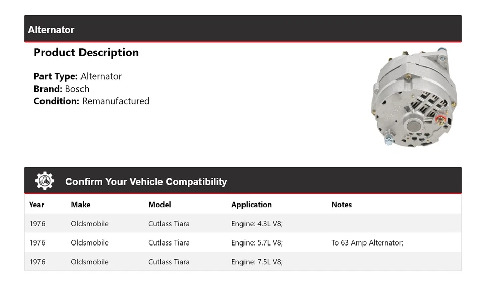 Alternador Bosch Oldsmobile Cutlass Tiara 1976 (remanufacturado) Foto 2 de 4