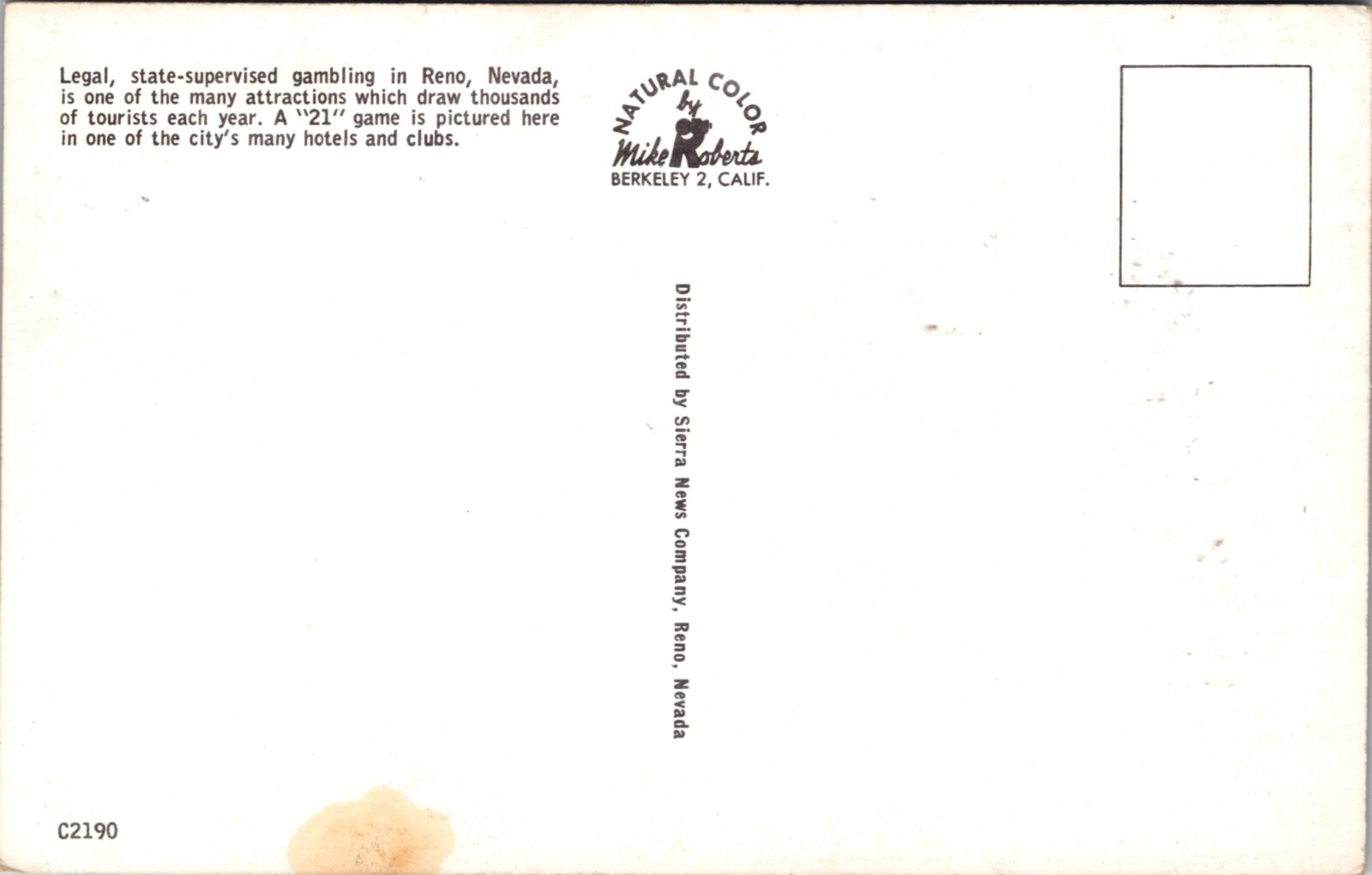 Postcard Gamblin 21 Game Blackjack in Reno, Nevada