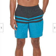 KIRKLAND MEN'S BUILT IN BRIEF ZIPPER POCKET SWIM SHORTS BLACK/TURQ MEDIUM NWT