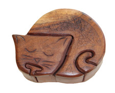 Sleeping Cat Kitten Wooden Puzzle Trinket Box Handmade Carved 2 Compartments-#1