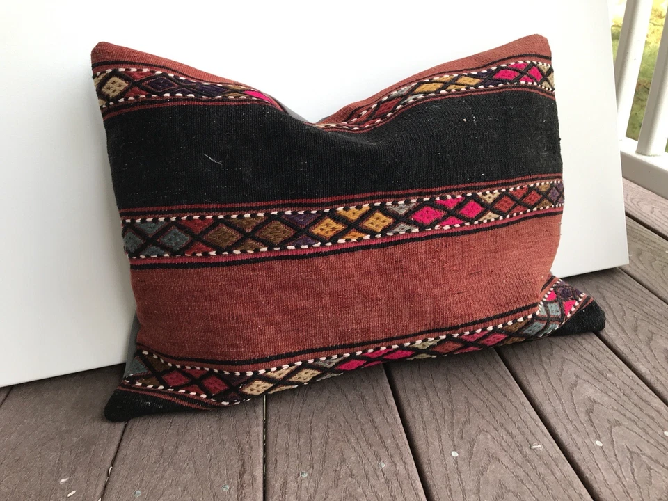 Alfombra Kilim Funda Almohada 25x17" Almohada-Almohada Decorativa-Almohada Tejida Foto 4 de 4