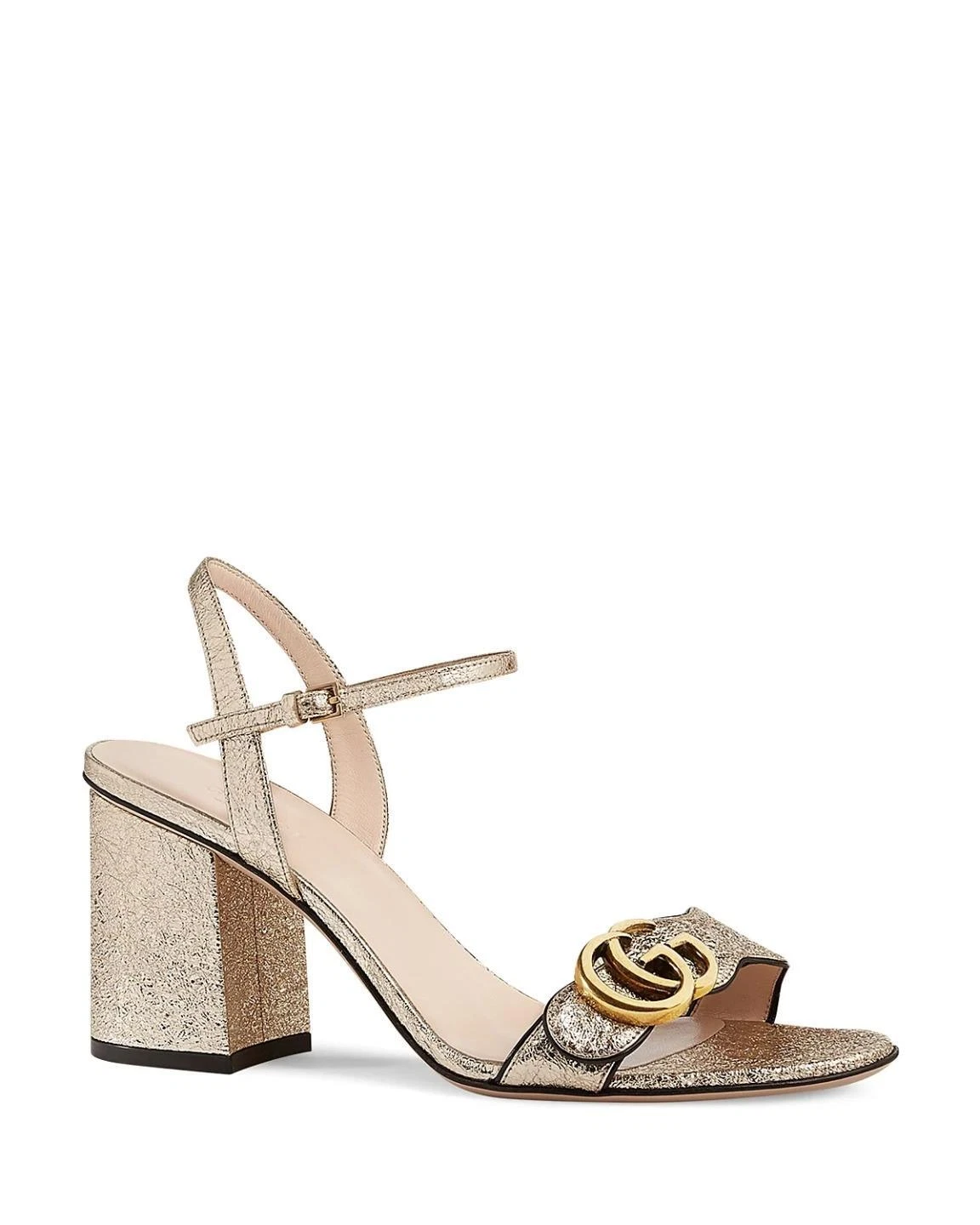 Gucci Marmont GG cuir métallisé talon bloc bride cheville sandales chaussures or