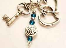 Handcrafted Blue Teal Beads Dangle Pendant Heart Key Love Charms Silver Necklace