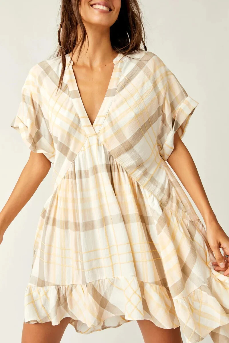 free people agnes plaid mini dress Free People Agnes Plaid Mini V Neck Printed Short Sleeve Ruffle Boho Dress  S NEW