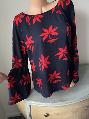 Bloomcore Tropical Top Coastal M   Womens Flare Slv Career Palm Navy Power Luxe