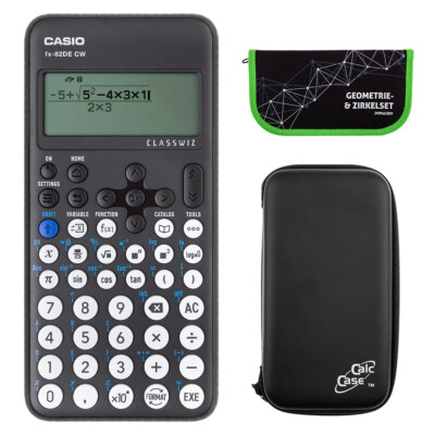 Casio FX-82 DE CW mit CalcCase-Schutztasche und Zirkelset grün