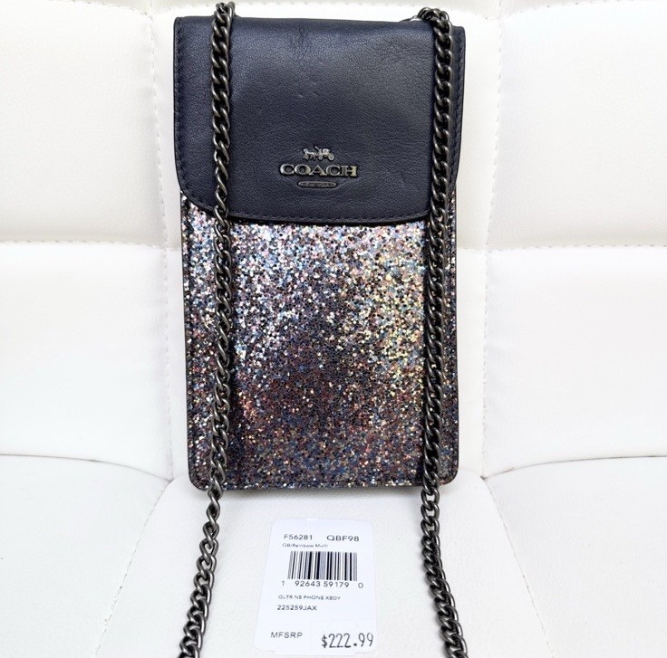 Coach North/South Phone Crossbody Rainbow Blue Glitter Limited