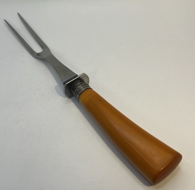 Vintage Bakelite Meat Serving Fork Butterscotch Handle Stainless Steel 11 