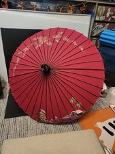 Vintage Hand Painted Japanese Bamboo Silk Wood Umbrella Parasol Wagasa 26" 65cm