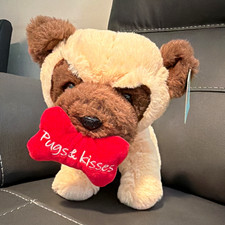 Pug Plush Stuffed Dog Holding Red Heart "Pugs  Kisses" Small 12  