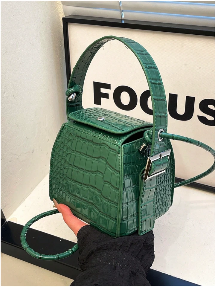 Green Mini Buckle Detail Snap Button Bucket Bag Crocodile Texture Cube Bag - Image 4 of 4
