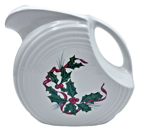 Christmas Disk Pitcher Holy and Ribbon White Fiesta ware 67 oz.