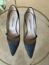 Iconic MANOLO BLAHNIK Grey Flannel Campari Mary- Jane Heels Sz 40 Made in Italy