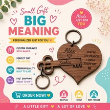 Engraved Wooden Heart & Key Couple Keychain S...