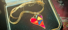 Exquisite reversible heart enamel pendant gold tone snake chain necklace 35cm