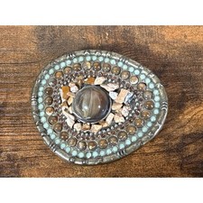 Western Mosaic Stone Belt Buckle Oval Earthy Agate Style Brass Tone Bohemian