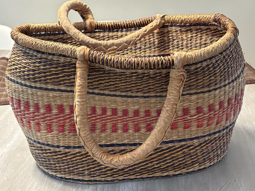 African Bolga Market Basket Hand Woven Ghana Tote Leather Handle Purple Pink