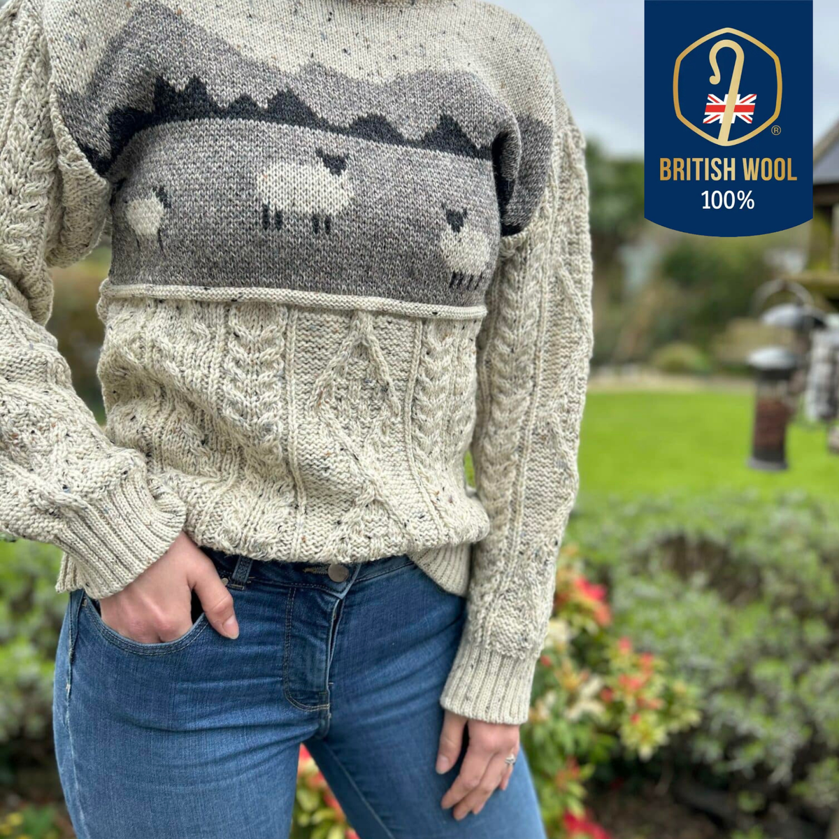 Unisex 100% Wool Sheep Scene Adult Jumper Natural Colour for Men