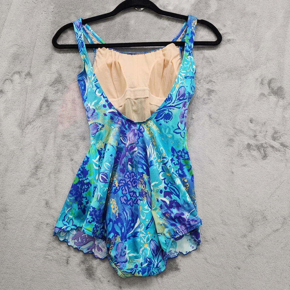 Traje de baño vintage años 80 longitud para mujer 8T azul verde púrpura falda de una pieza Foto 3 de 4
