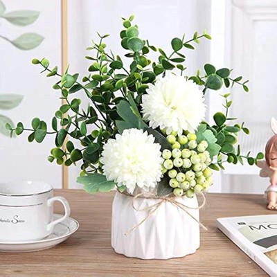 Artificial Flower Hydrangea and Small CeramicVase Fake Plant Eucalyptus Leaf ...