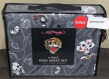 Ed Hardy Grey w/Chains,Cards, Dice, "7", Lucky Skulls  Logos 4pc KING Sheet Set