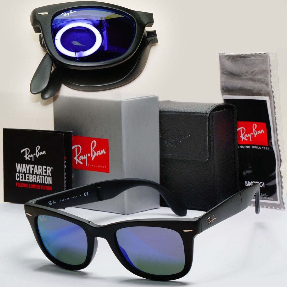 Ray-Ban Sunglasses Folding Wayfarer Black Matte Purple Mirror RB