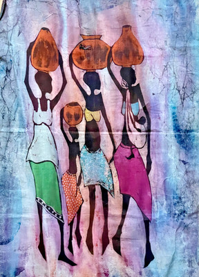 African Batik - Four Women Fetching Water 20  By 30  Handcrafted In Tanzania