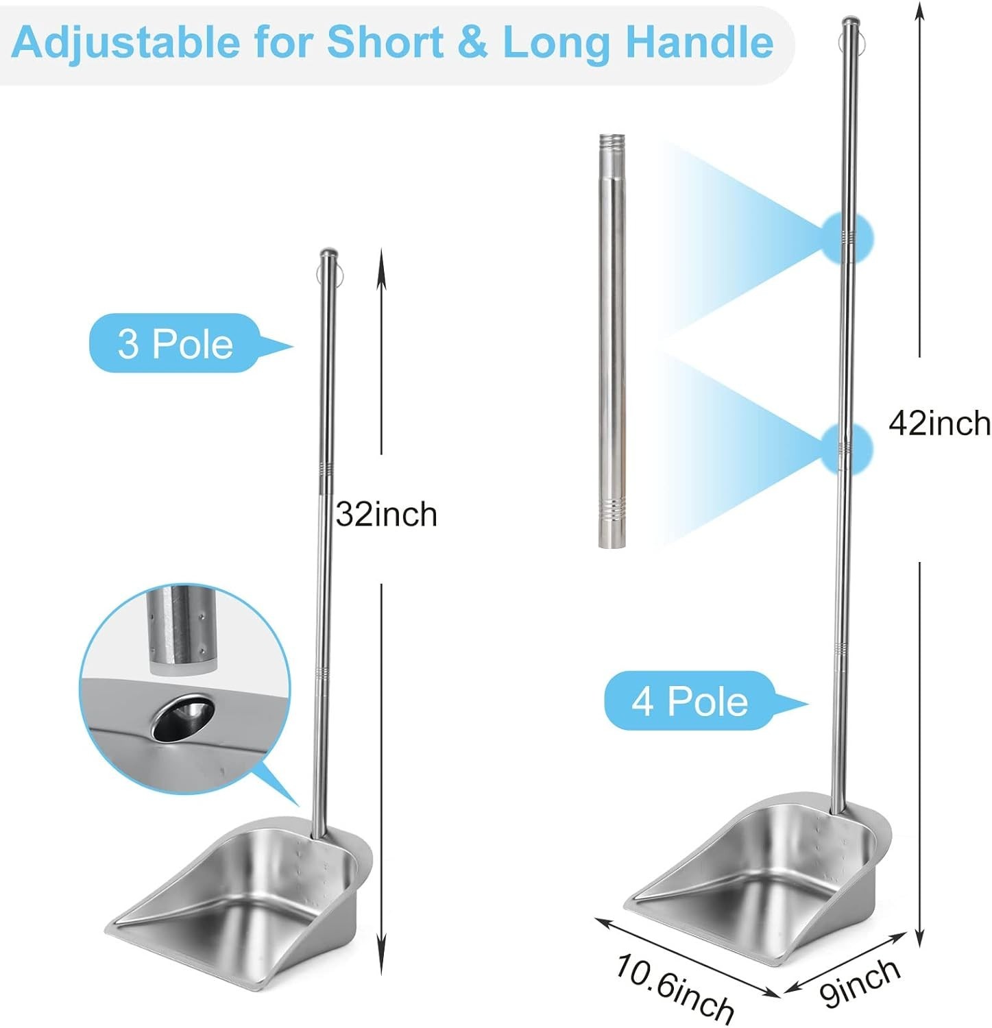 Heavy Duty Dustpan with Long Handle 43 Stainless Steel Dust Pan Standing Upri