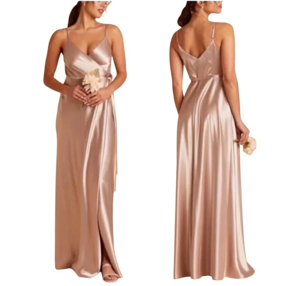 Vestido de Dama de honor Cindy Gris Pájaro Satinado Talla S Nuevo con Etiquetas Corbata Envolvente Taupe Invitada de Boda Foto 2 de 4