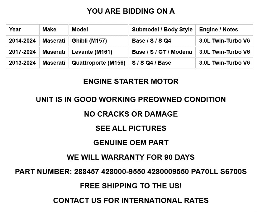 Maserati Ghibli 2017-2024 Starter motor P/N 288457