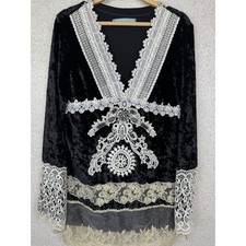 Top túnica de encaje de terciopelo negro Passion Concept boho victoriano con cuentas pequeño