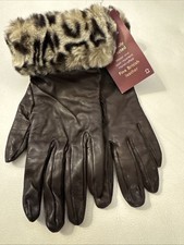Vintage Unused M&S Brown Fine British Leather Gloves Leopard Faux Fur Trim #CL7