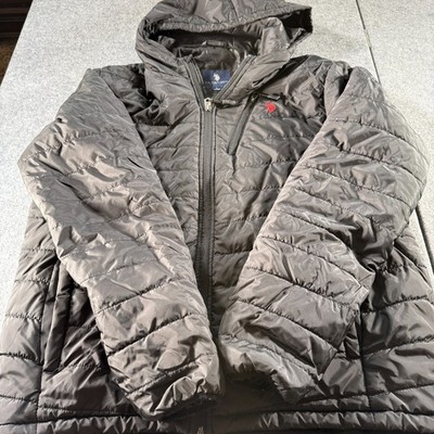 U.S. Polo Assn Puffer Jacket Mens Large Black Hooded Padded Embroidered Logo Zip