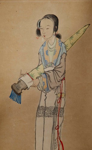 Asiatika Rollbild sehr alt antik Portrait Frau Aquarell China scroll painting 3 - Bild 3 von 4