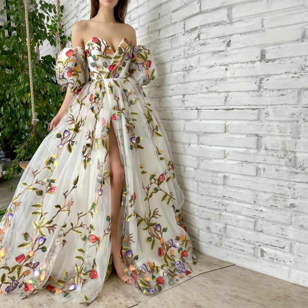 Floral Puff Sleeve Dress Princess Vintage Wedding Dress Prom Dress