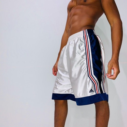Raro Vintage adidas Basic Basket Pantaloncini Dazzle Pesante Bianco Lucido  Blu L | eBay