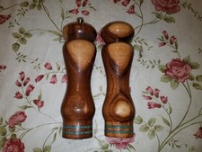 Vintage 8" Wooden Salt & Pepper Shakers Mid Century MCM stone inlay USA made