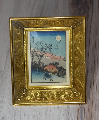 Vintage Miniatur japanischer Blockdruck signiert tiefgoldener Metallrahmen Utagawa Ukiyo-e