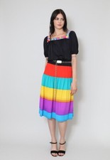 80's Vintage Elle Black Red Yellow Short Sleeve Stripe Ladies Knee Length Dress