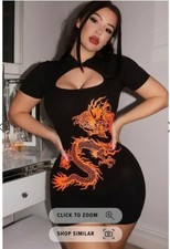 NWT Fashion Nova Puff Of Fire Dragon Mini Dress - Black Xs