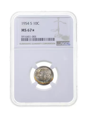 MS67* 1954-S Roosevelt Dime - Graded NGC Rainbow Toned *4418