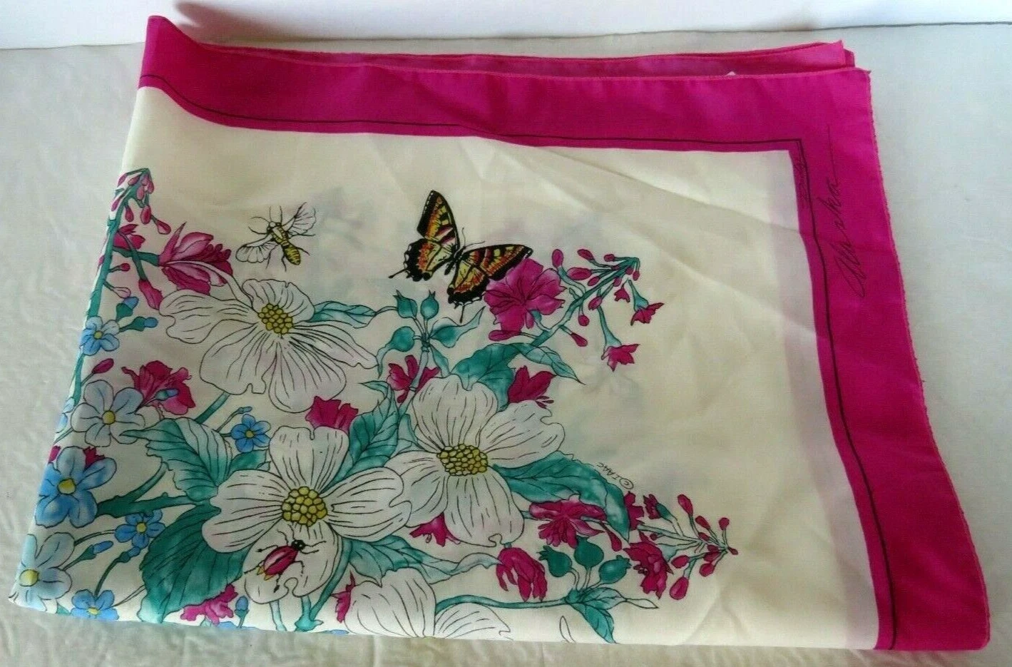 Alaska Scarf Womens Flower Butterflies Bees 29" x 29" Pink Multi-Color Vintage
