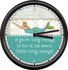 Lucky Enough To Live At The Beach Lake Cabin Swimming Mermaid Sign Wall Clock