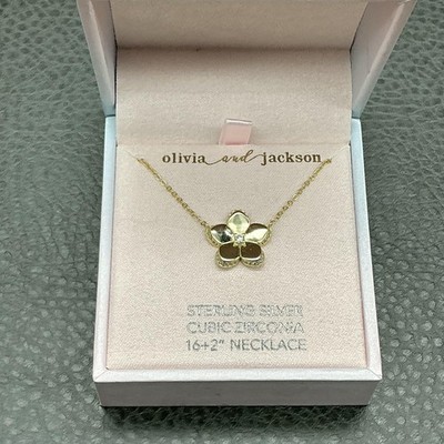Olivia and Jackson Flower Necklace Sterling Silver Gold Cubic Zirconia  16+2