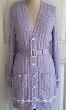 22P CHANEL  LAVENDER WHITE CC BUTTONS VISCOSE CARDIGAN SWEATER DRESS BELTED 40